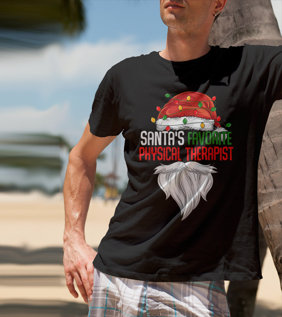Santa's Favorite Physical Therapist Christmas Lights Hat And Beard T-Shirt