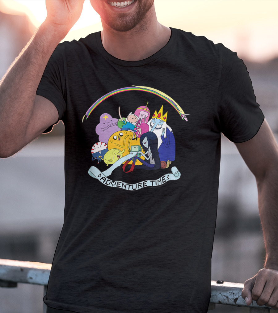Adventure Time Characters Group With Rainbow And Script Banner T-Shirt