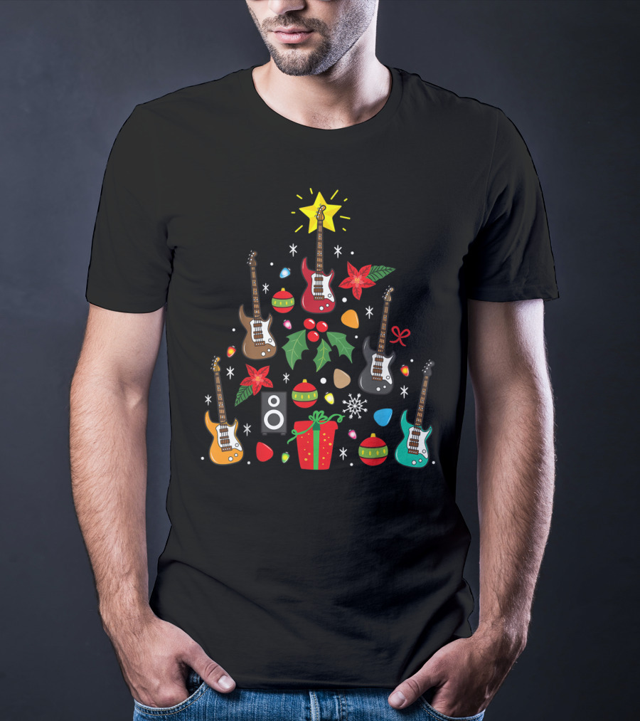 Bass Guitar Christmas Ornament Tree Music Holiday Festive Lights And Presents T-Shirt