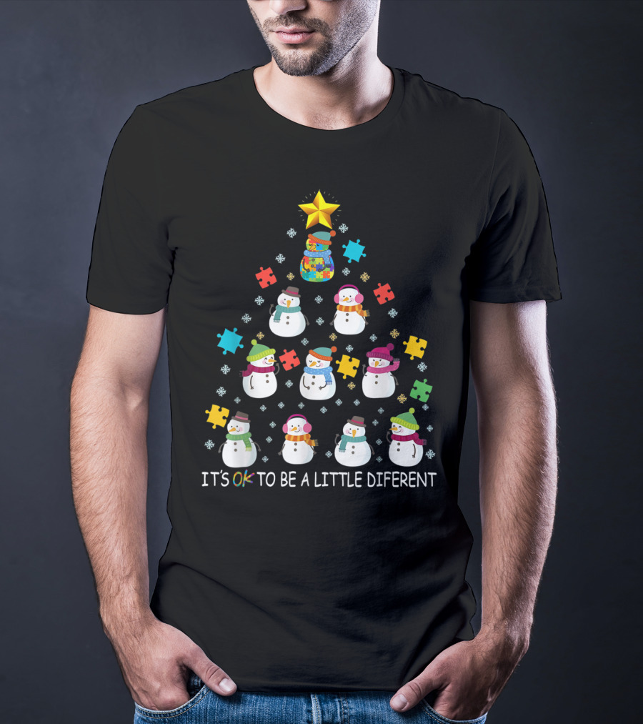 IT'S OK TO BE A LITTLE DIFERENT Snowman Autism Puzzle Tree T-Shirt