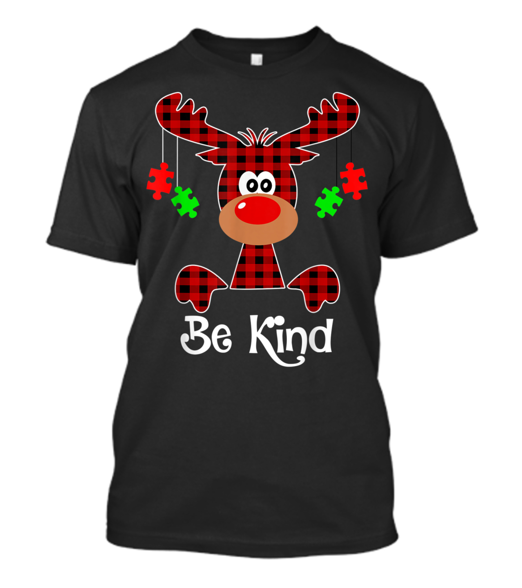 Be Kind Checkered Reindeer With Puzzle Pieces Autism Awareness Christmas T-Shirt