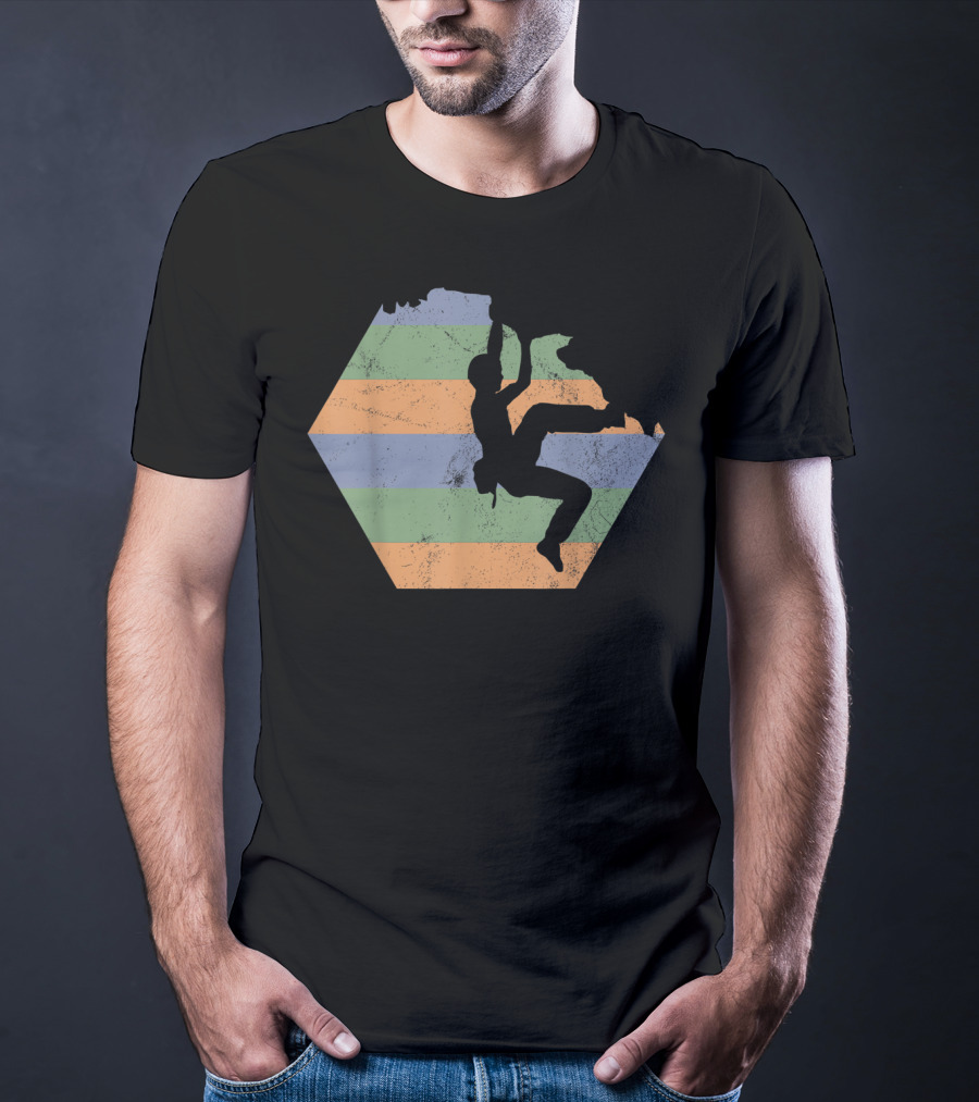 Bouldering Rock Climbing Climber Silhouette With Stripes T-Shirt