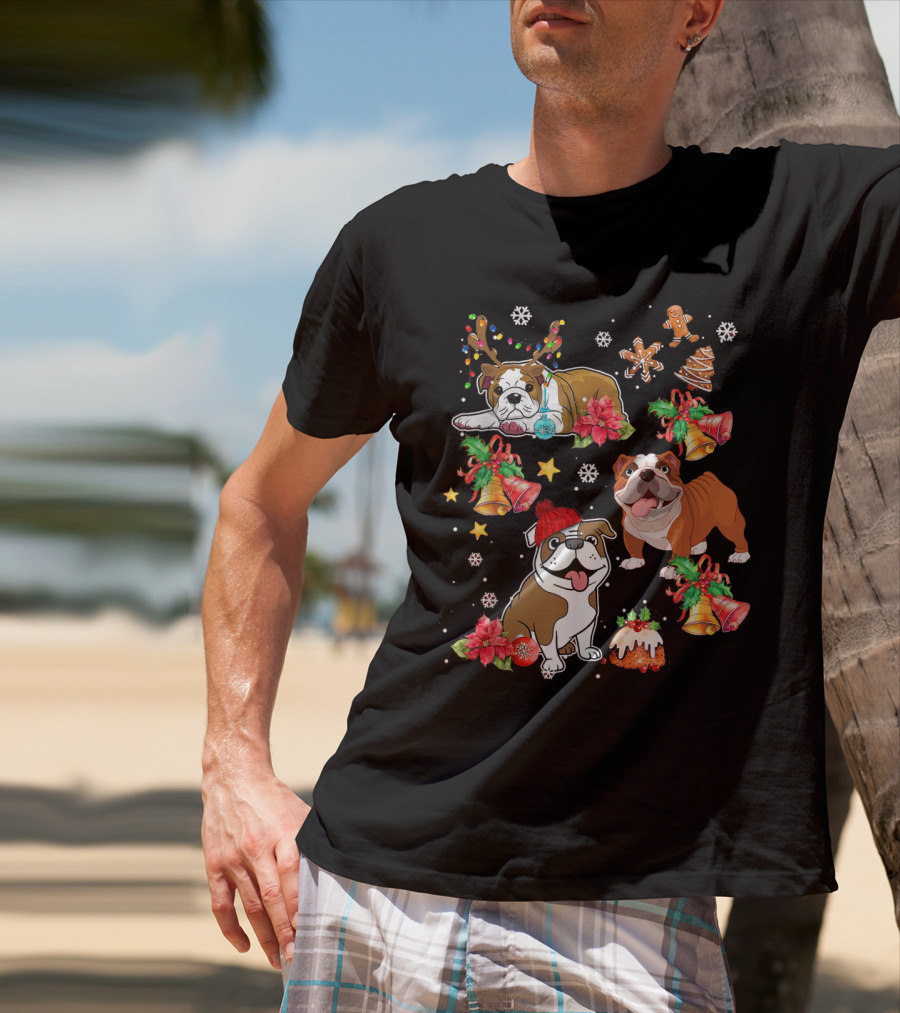 Bulldog Christmas Ornament Decoration With Bells And Gingerbread T-Shirt