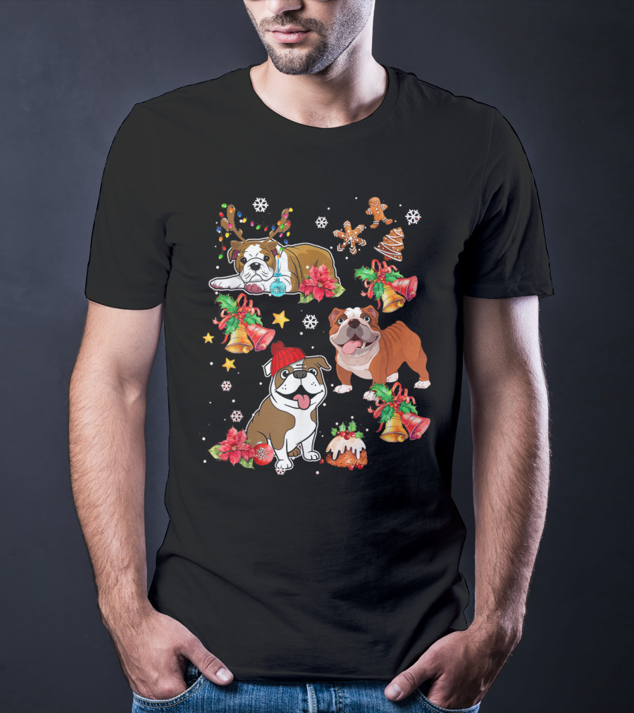 Bulldog Christmas Ornament Decoration With Bells And Gingerbread T-Shirt