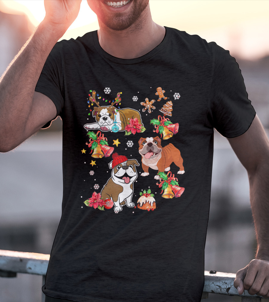 Bulldog Christmas Ornament Decoration With Bells And Gingerbread T-Shirt