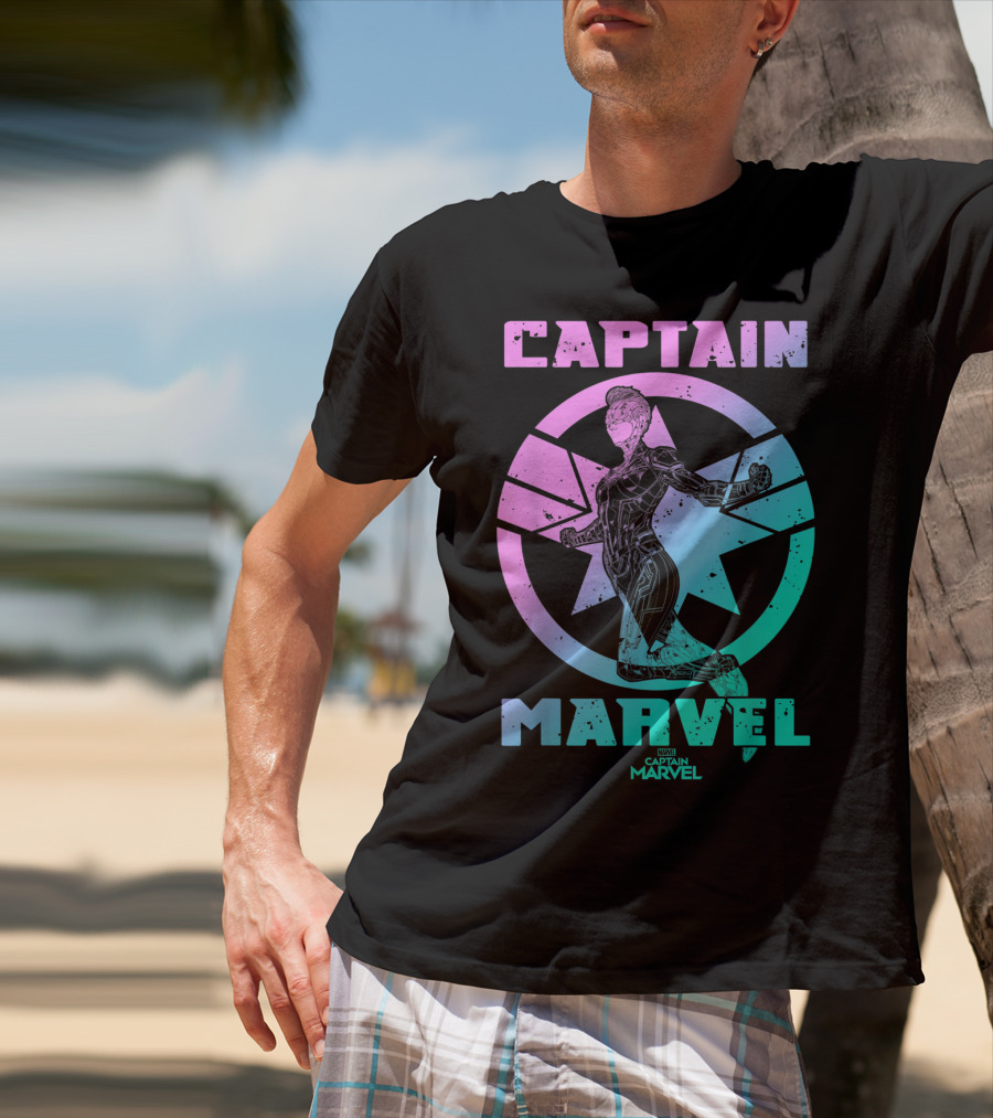 Captain Marvel Star Emblem Spectrum Heroine Pose T-Shirt
