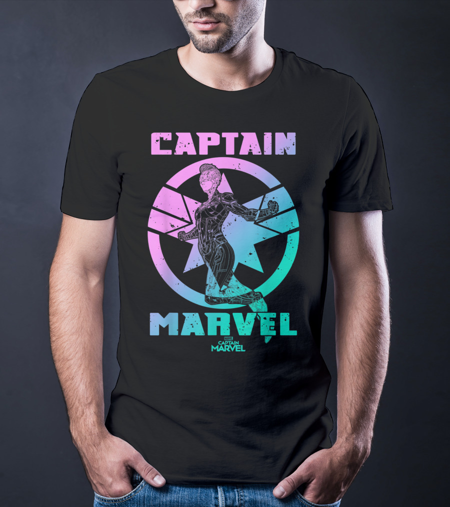 Captain Marvel Star Emblem Spectrum Heroine Pose T-Shirt