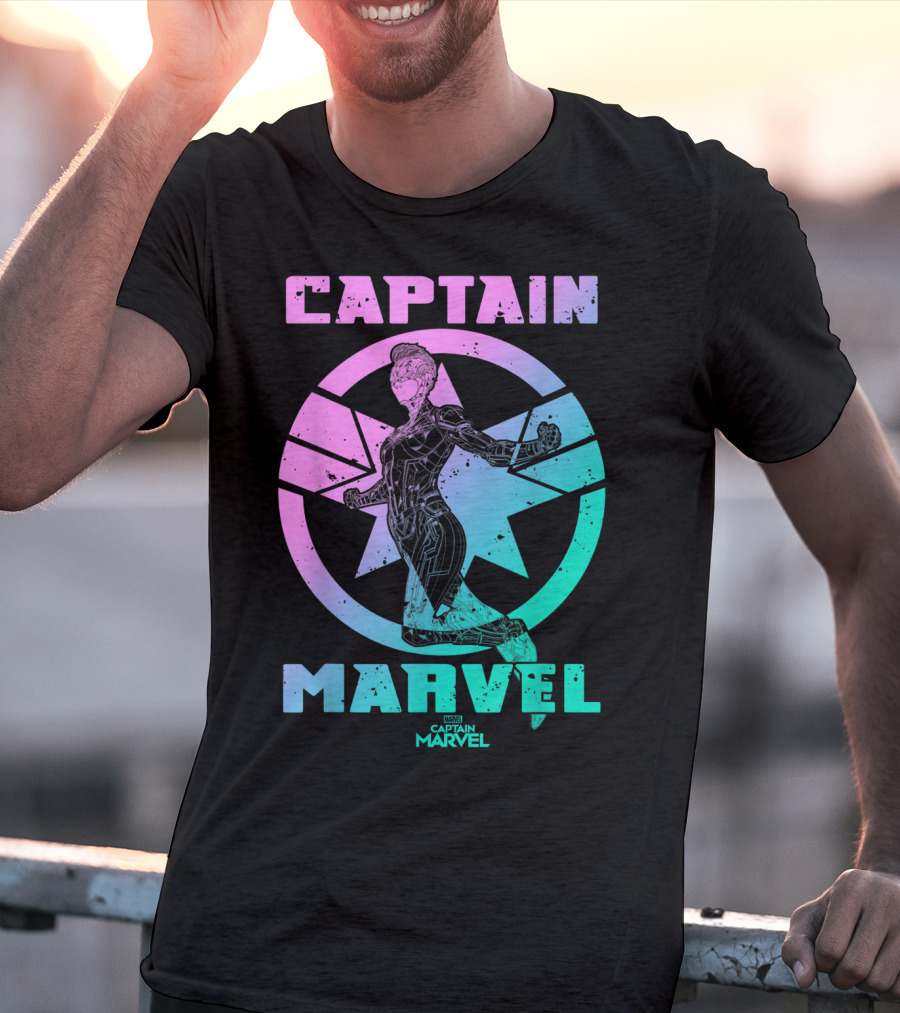 Captain Marvel Star Emblem Spectrum Heroine Pose T-Shirt