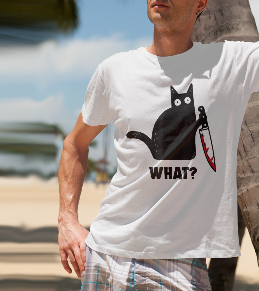 Funny Black Cat With Knife And What? T-Shirt