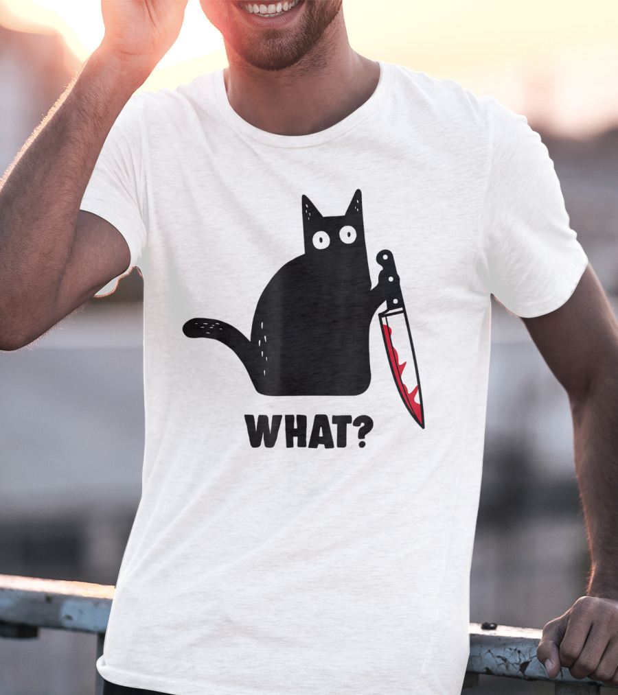 Funny Black Cat With Knife And What? T-Shirt
