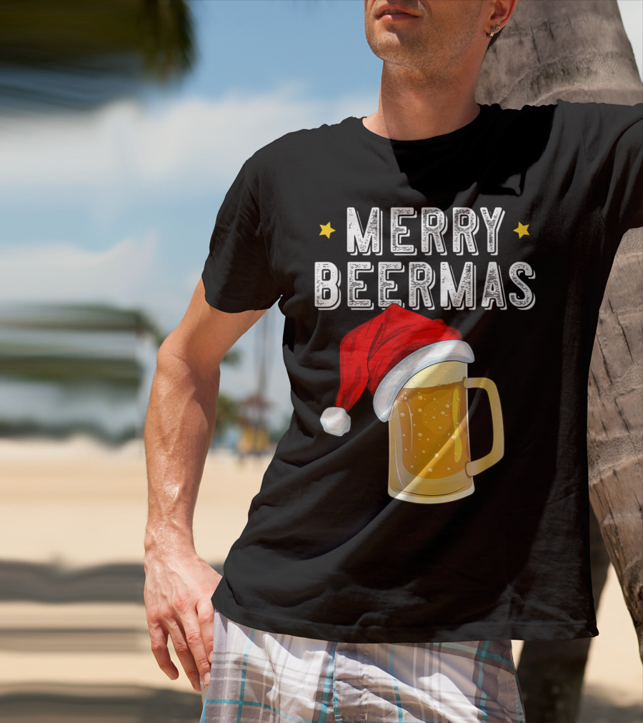 Merry Beermas Christmas Beer Santa Hat Beer Mug T-Shirt