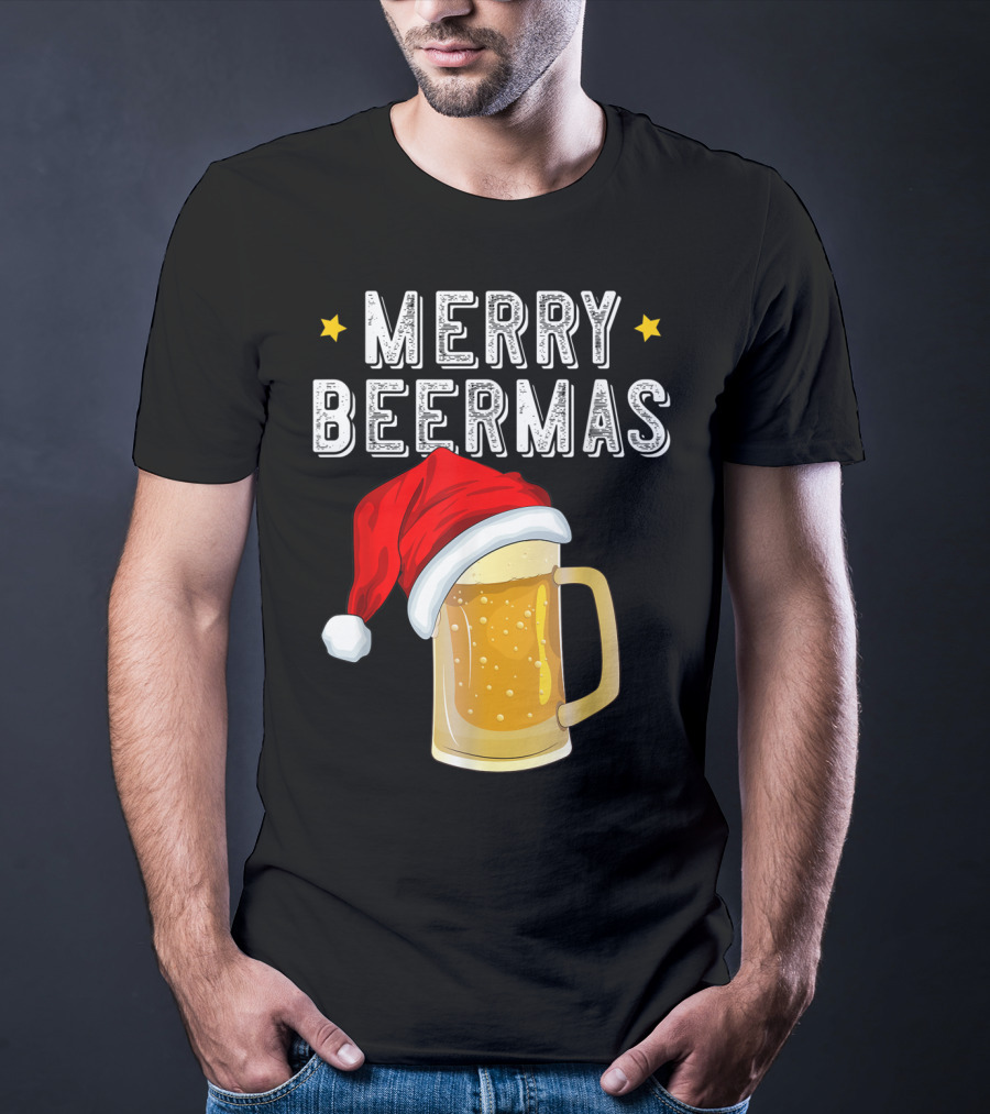 Merry Beermas Christmas Beer Santa Hat Beer Mug T-Shirt