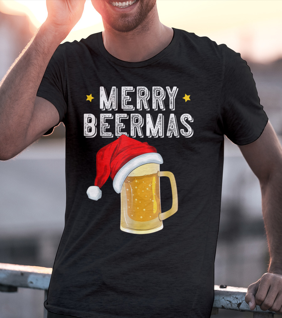 Merry Beermas Christmas Beer Santa Hat Beer Mug T-Shirt