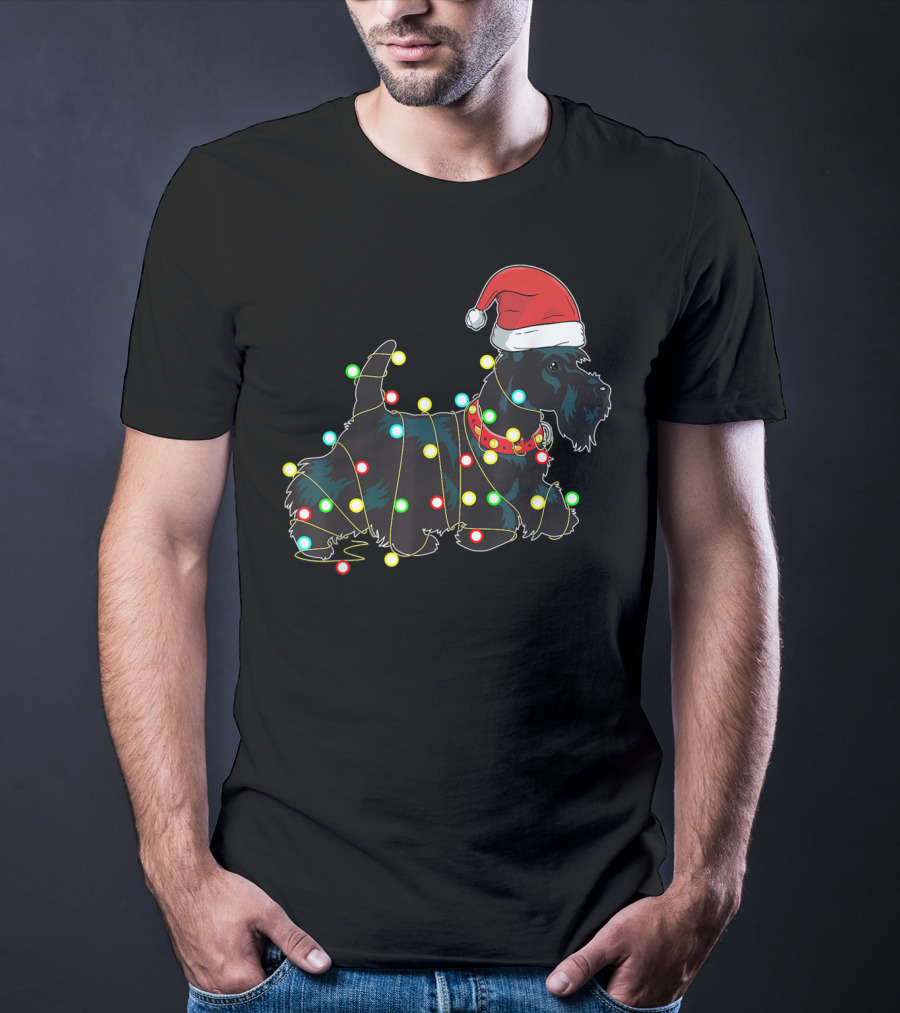 Scottish Terrier Wrapped In Christmas Lights And Santa Hat T-Shirt