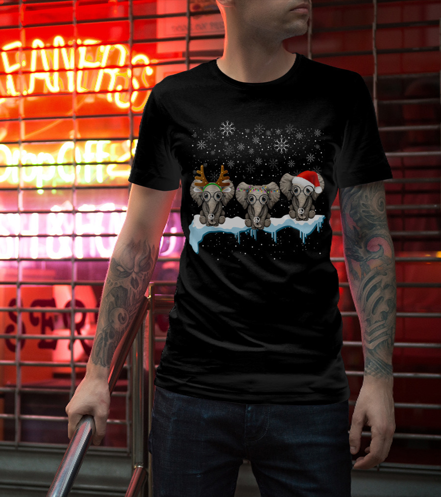 Christmas Three Hippie Elephants With Reindeer Antlers Santa Hat Peace Signs Snowflakes T-Shirt