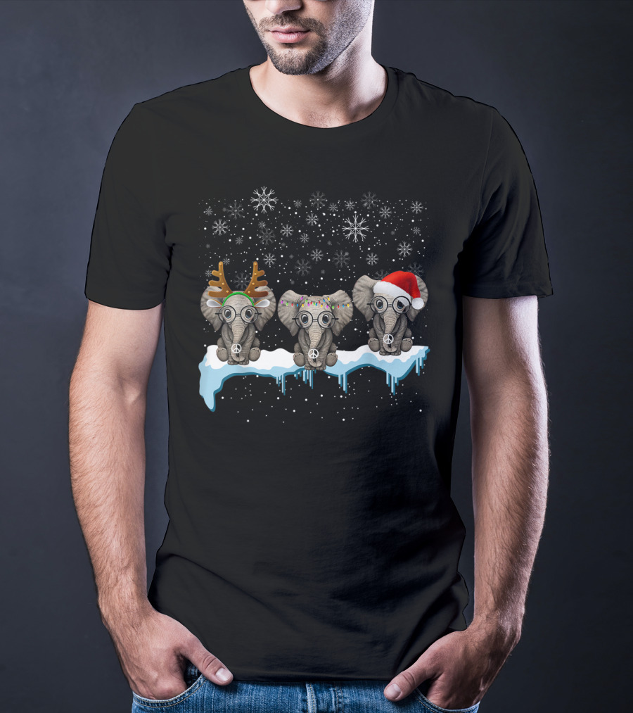 Christmas Three Hippie Elephants With Reindeer Antlers Santa Hat Peace Signs Snowflakes T-Shirt