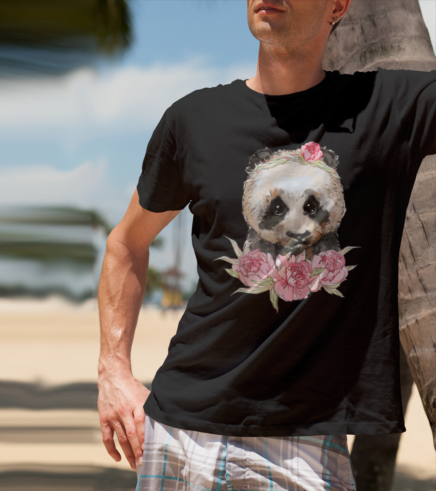 Baby Panda Bear With Pink Flower Crown And Blossoms T-Shirt