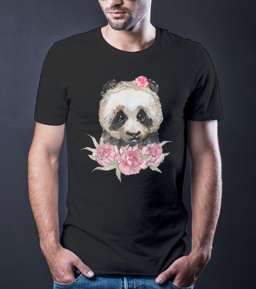 Baby Panda Bear With Pink Flower Crown And Blossoms T-Shirt
