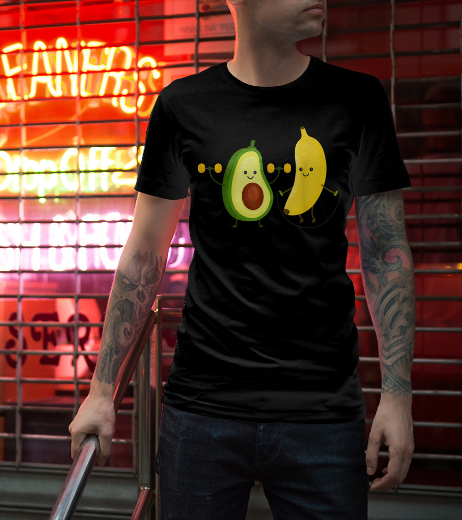 Cute Happy Smiling Banana And Avocado Exercising Together T-Shirt