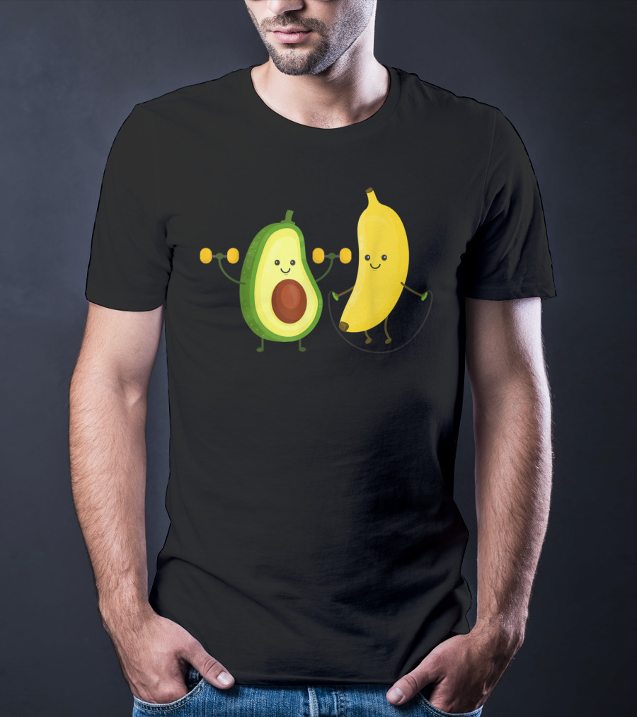 Cute Happy Smiling Banana And Avocado Exercising Together T-Shirt