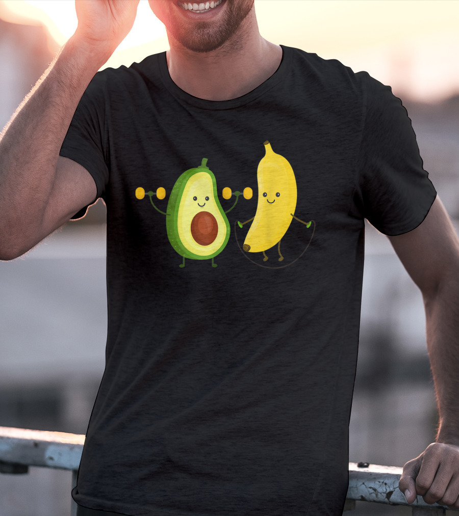 Cute Happy Smiling Banana And Avocado Exercising Together T-Shirt