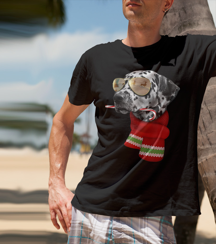 Dalmatian Christmas Dog With Candy Cane And Santa Sunglasses T-Shirt
