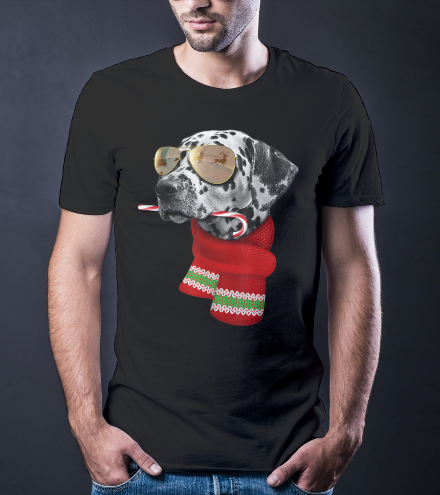 Dalmatian Christmas Dog With Candy Cane And Santa Sunglasses T-Shirt