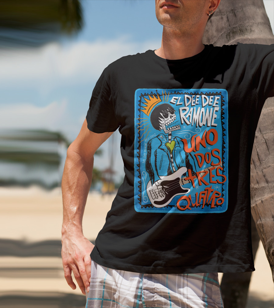 El Dee Dee Ramone Uno Dos Tres Quatro Skull Art With Crown And Heart Guitar T-Shirt