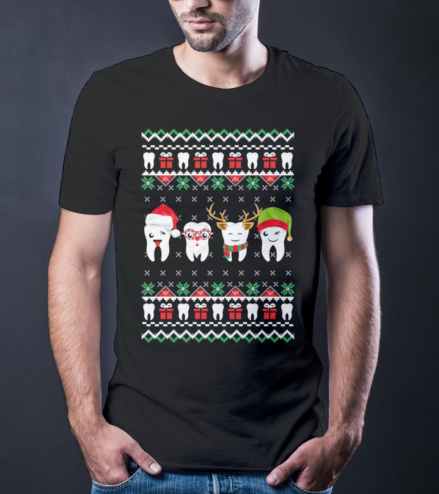 Dentist Ugly Christmas Teeth Santa Reindeer Glasses T-Shirt