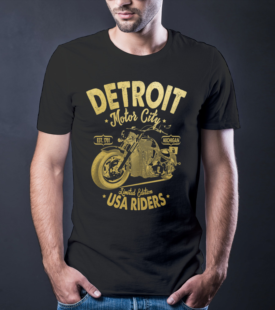 Detroit Motor City Michigan Est. 1701 USA Riders Gold Vintage T-Shirt