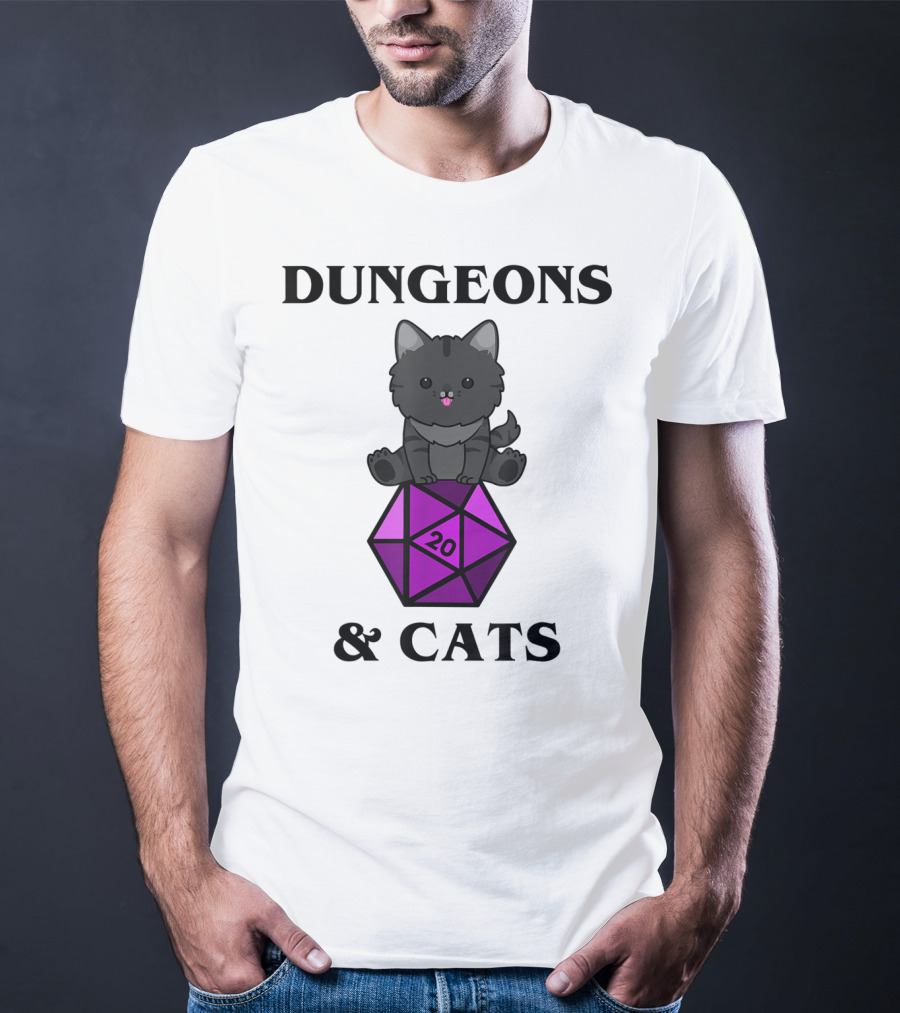 Dungeons And Cats Nerdy RPG Cat Sitting On D20 Dice T-Shirt