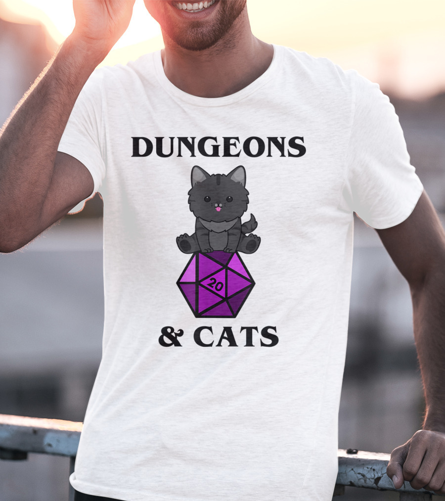 Dungeons And Cats Nerdy RPG Cat Sitting On D20 Dice T-Shirt
