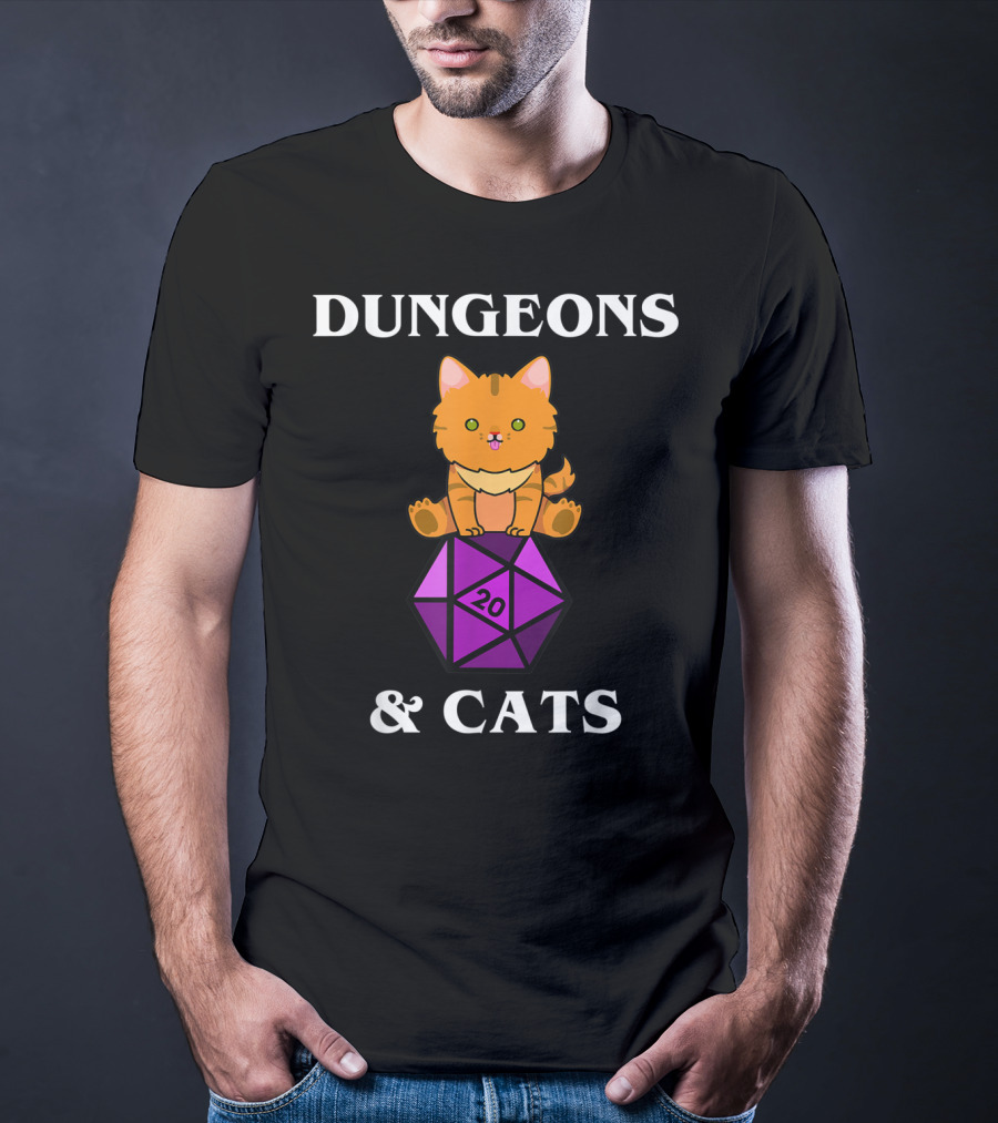 Dungeons And Cats Orange Cat On Purple D20 Dice T-Shirt