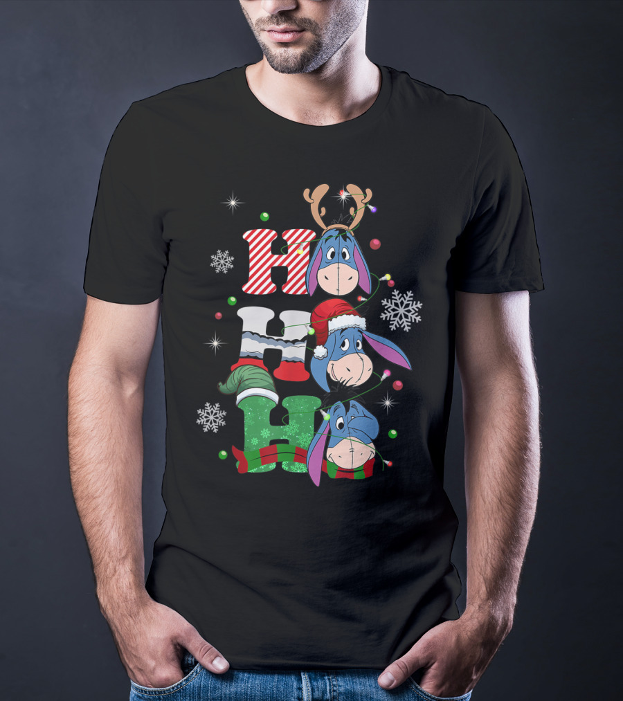 Eeyore Christmas Donkey Santa Reindeer Ho Ho Ho Snowflakes T-Shirt