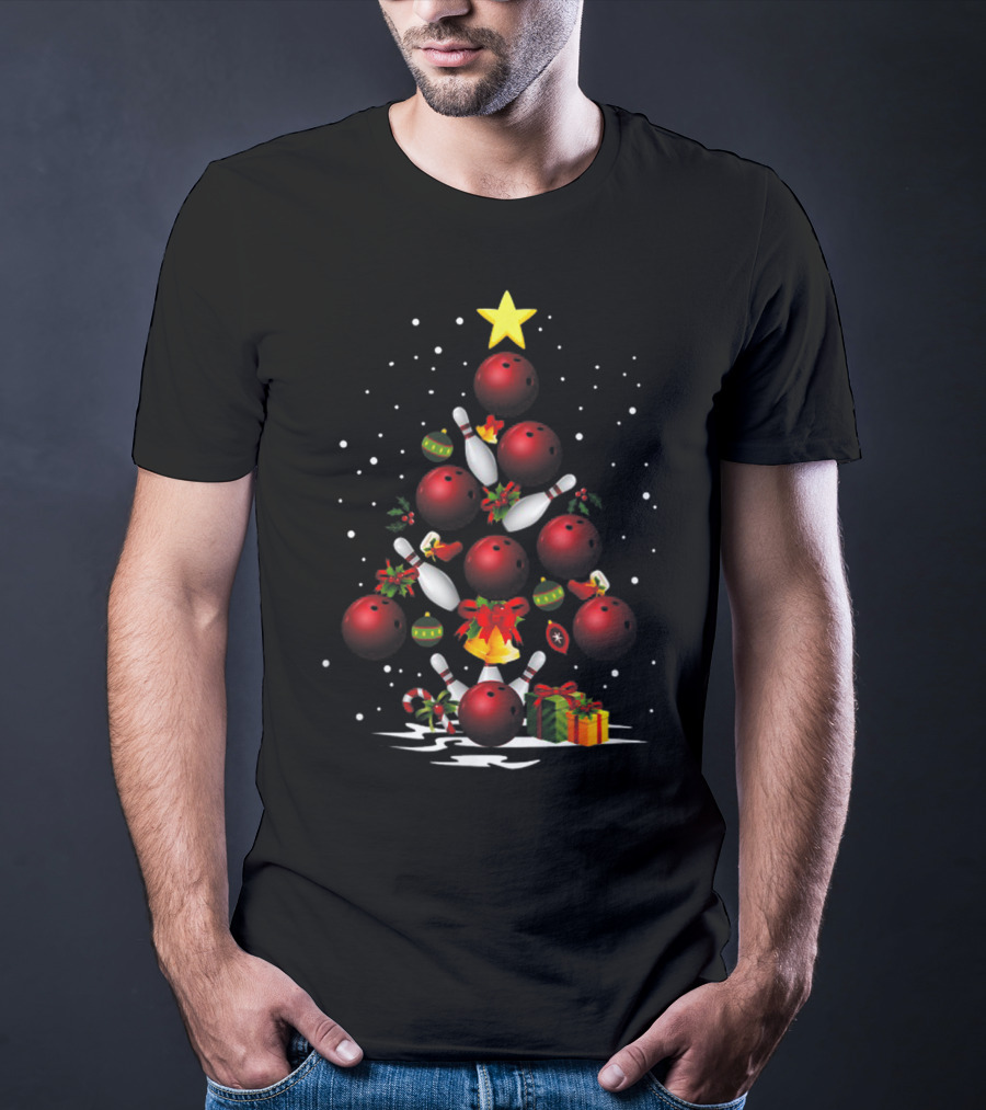 Funny Bowling Christmas Tree Light Bowling Ball Ornaments Star Pin Gifts T-Shirt