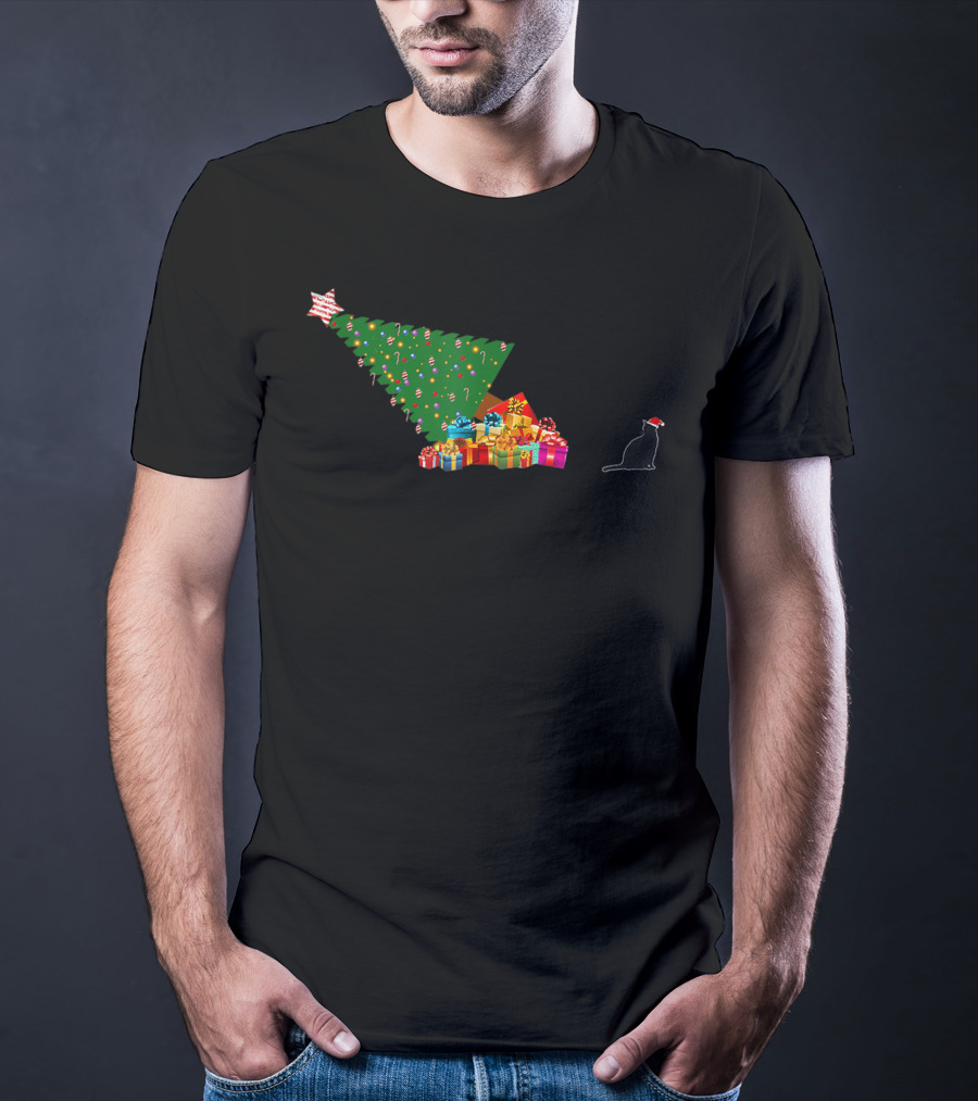 Funny Cat Topples Christmas Tree With Santa Hat T-Shirt