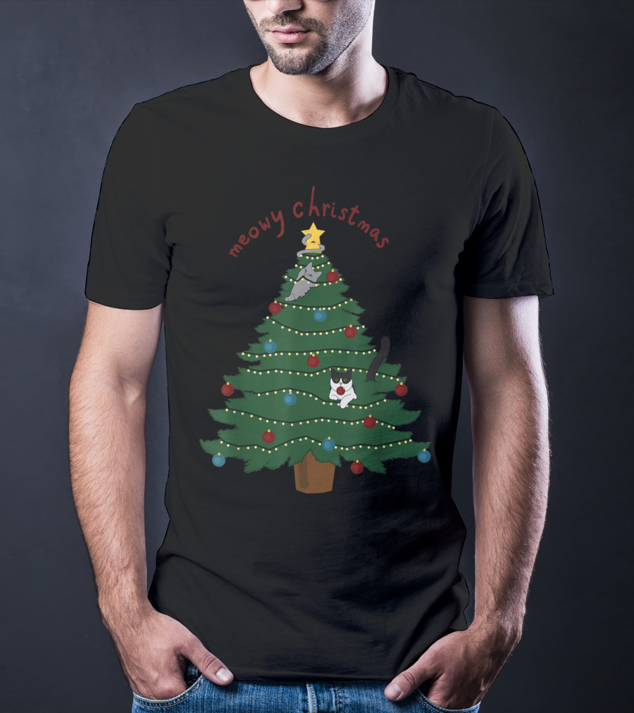 Meowy Christmas Funny Cats In Christmas Tree T-Shirt