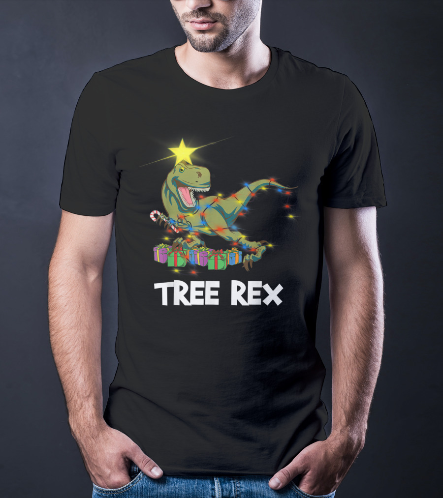 Tree Rex Christmas Dinosaur With Star And Gift Lights T-Shirt