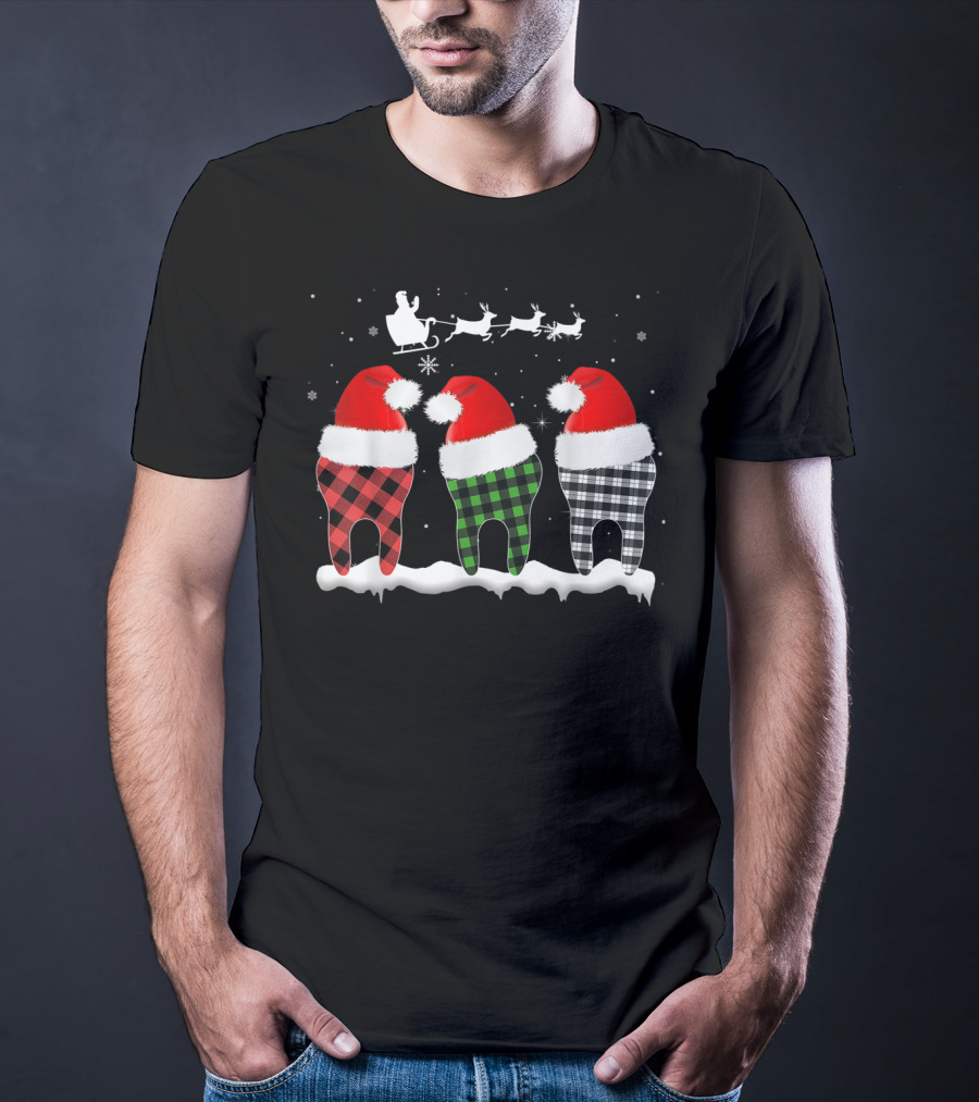 Funny Dentist Hygienists Christmas Pajama Santa Tooth Plaid T-Shirt