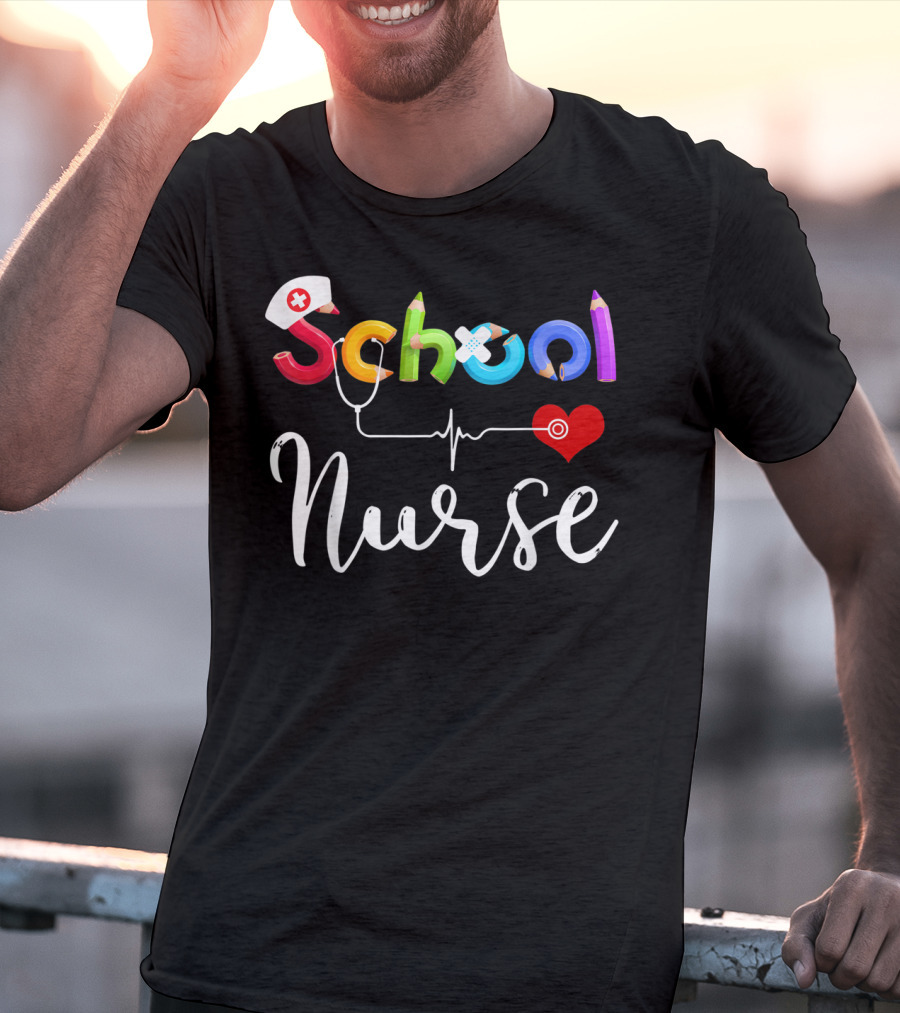 School Nurse Colorful Pencil Heartbeat T-Shirt