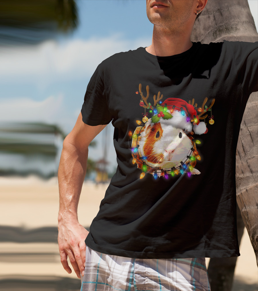 Guinea Pig With Christmas Lights And Reindeer Antlers In Santa Hat T-Shirt