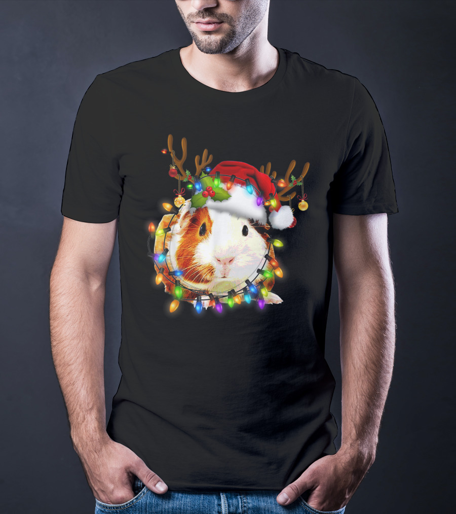 Guinea Pig With Christmas Lights And Reindeer Antlers In Santa Hat T-Shirt