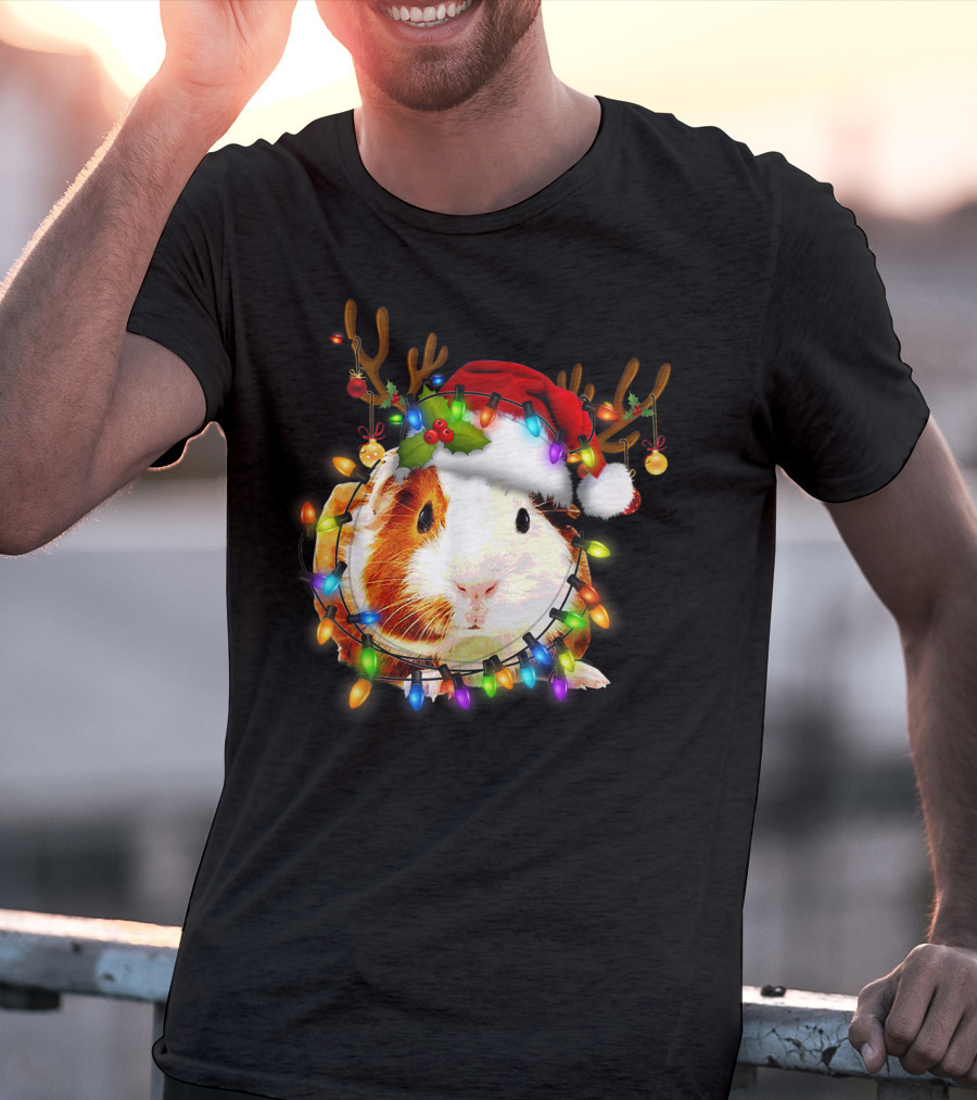 Guinea Pig With Christmas Lights And Reindeer Antlers In Santa Hat T-Shirt