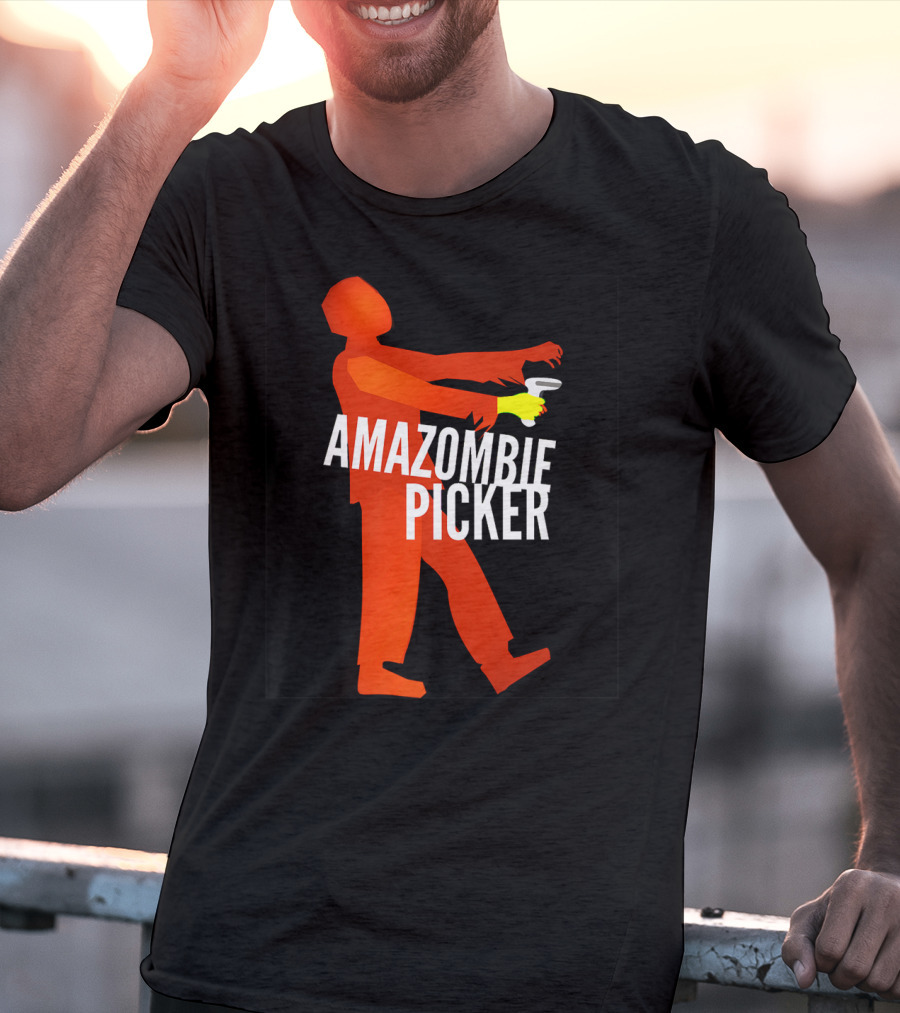 Amazombie Picker Walking Zombie Silhouette With Coffee Cup T-Shirt