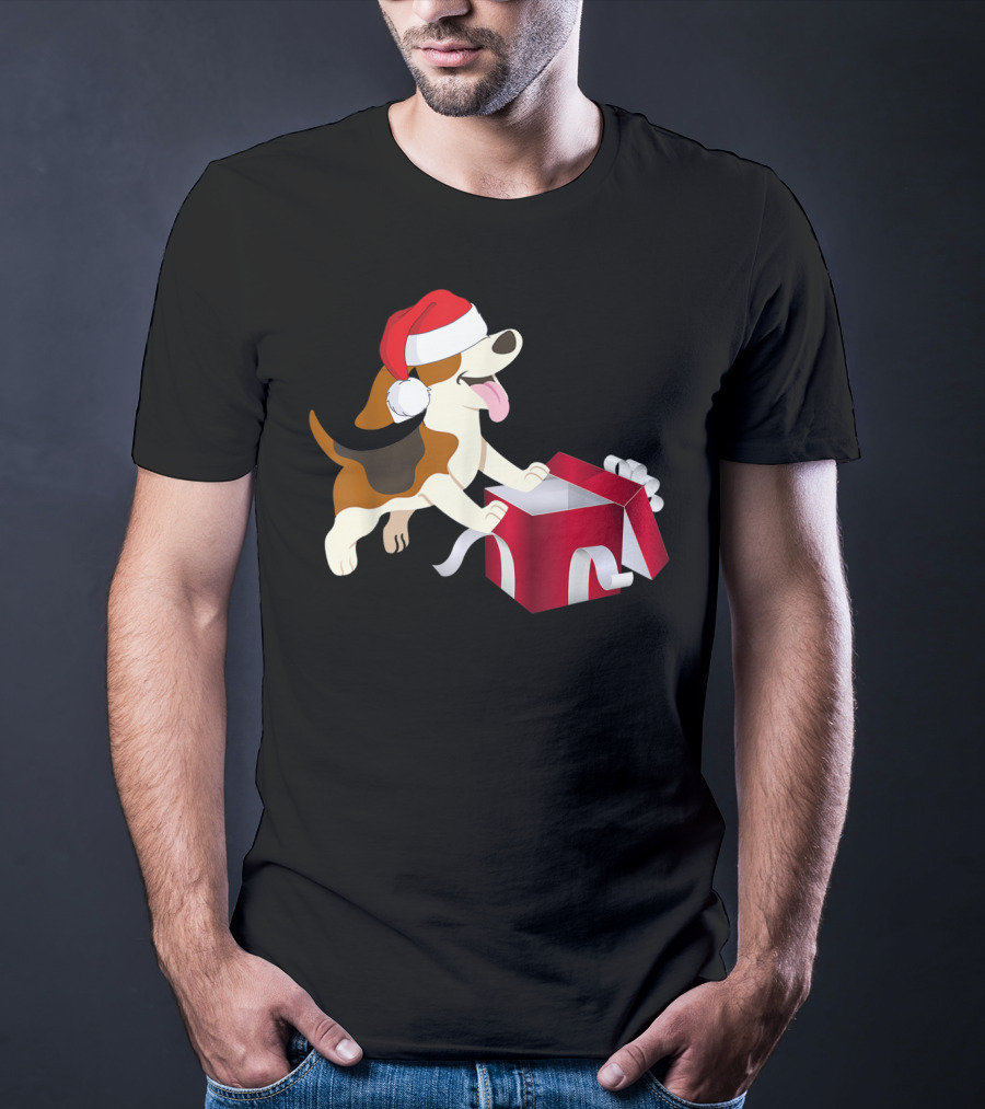 Beagle Dog Christmas Funny Santa Hat With Gift Box T-Shirt