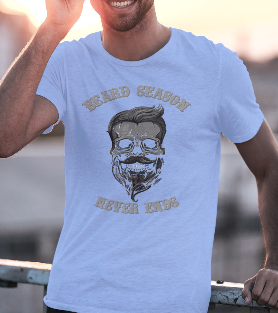 Beard Season Never Ends Skull With Mustache And Hair T-Shirt