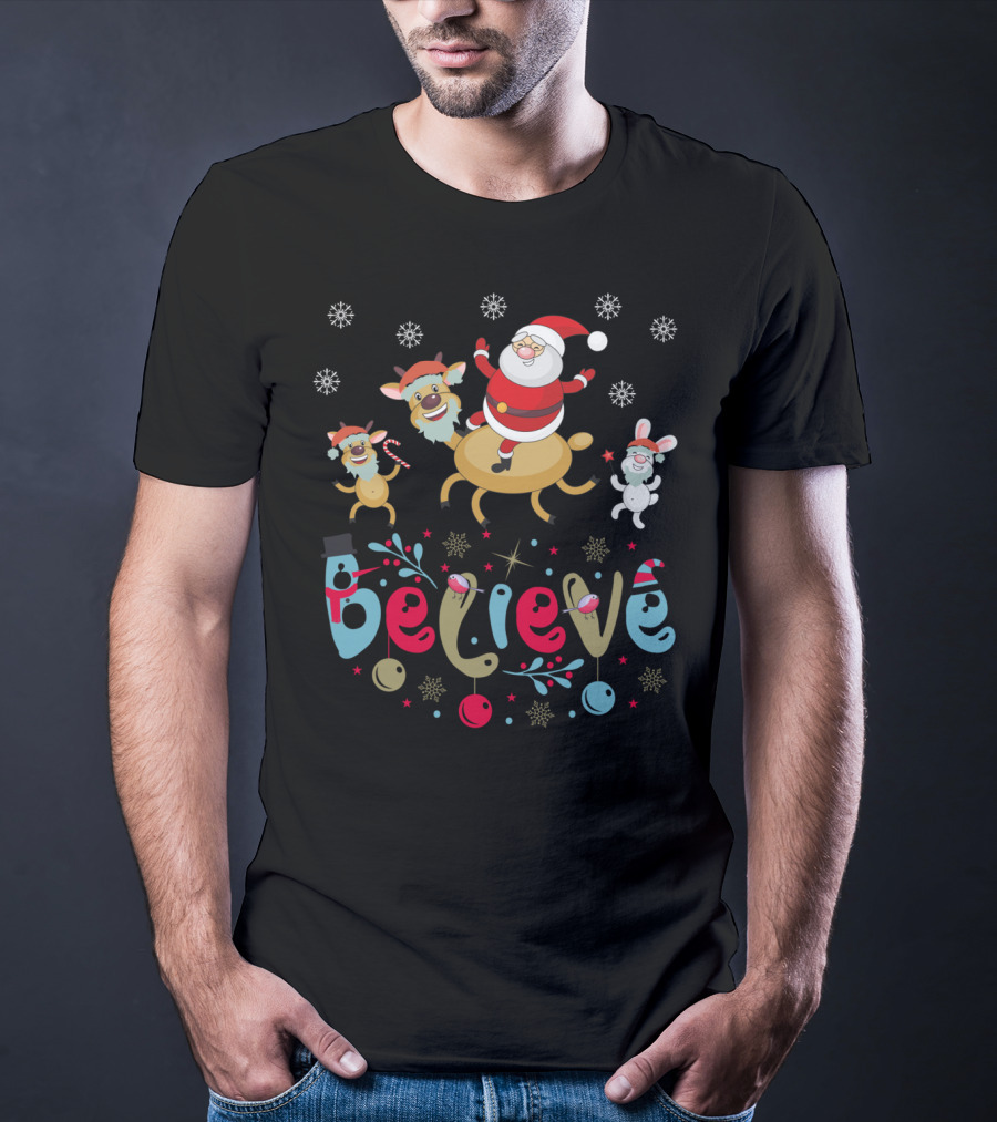 Believe Christmas Santa Claus Reindeer Rabbit Snowflakes T-Shirt