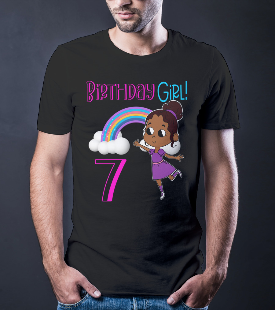 Birthday Girl 7 African American With Rainbow And Dancing Child T-Shirt