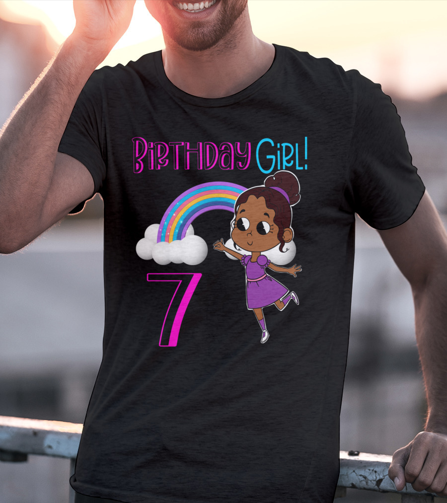 Birthday Girl 7 African American With Rainbow And Dancing Child T-Shirt