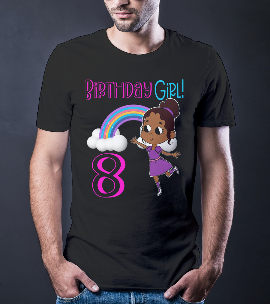 Birthday Girl 8 Rainbow Celebration With African American Cartoon Kid T-Shirt